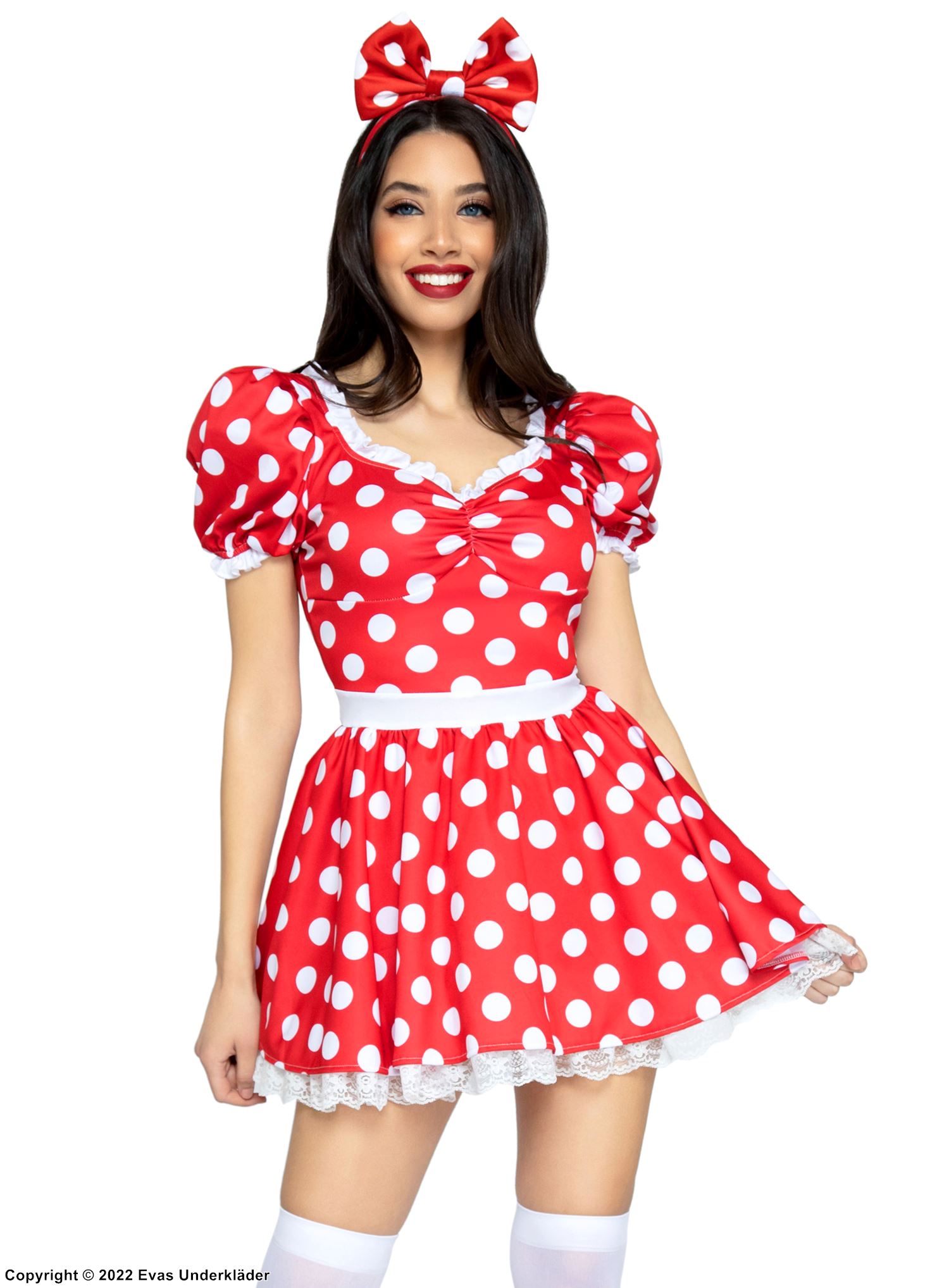 Female mouse, costume dress, big bow, lace edge, puff sleeves, polka dot